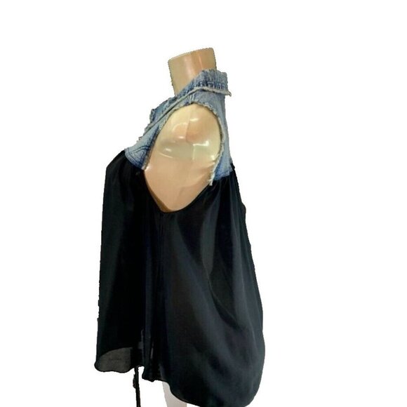 Love Stitch M Denim Bodice Sheer BlackHalf Button Down Collar Sleeveless Blouse - Picture 4 of 5